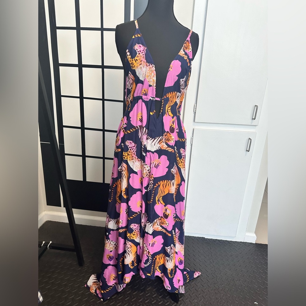 Anthropologie Navy and Pink Patterned Dress